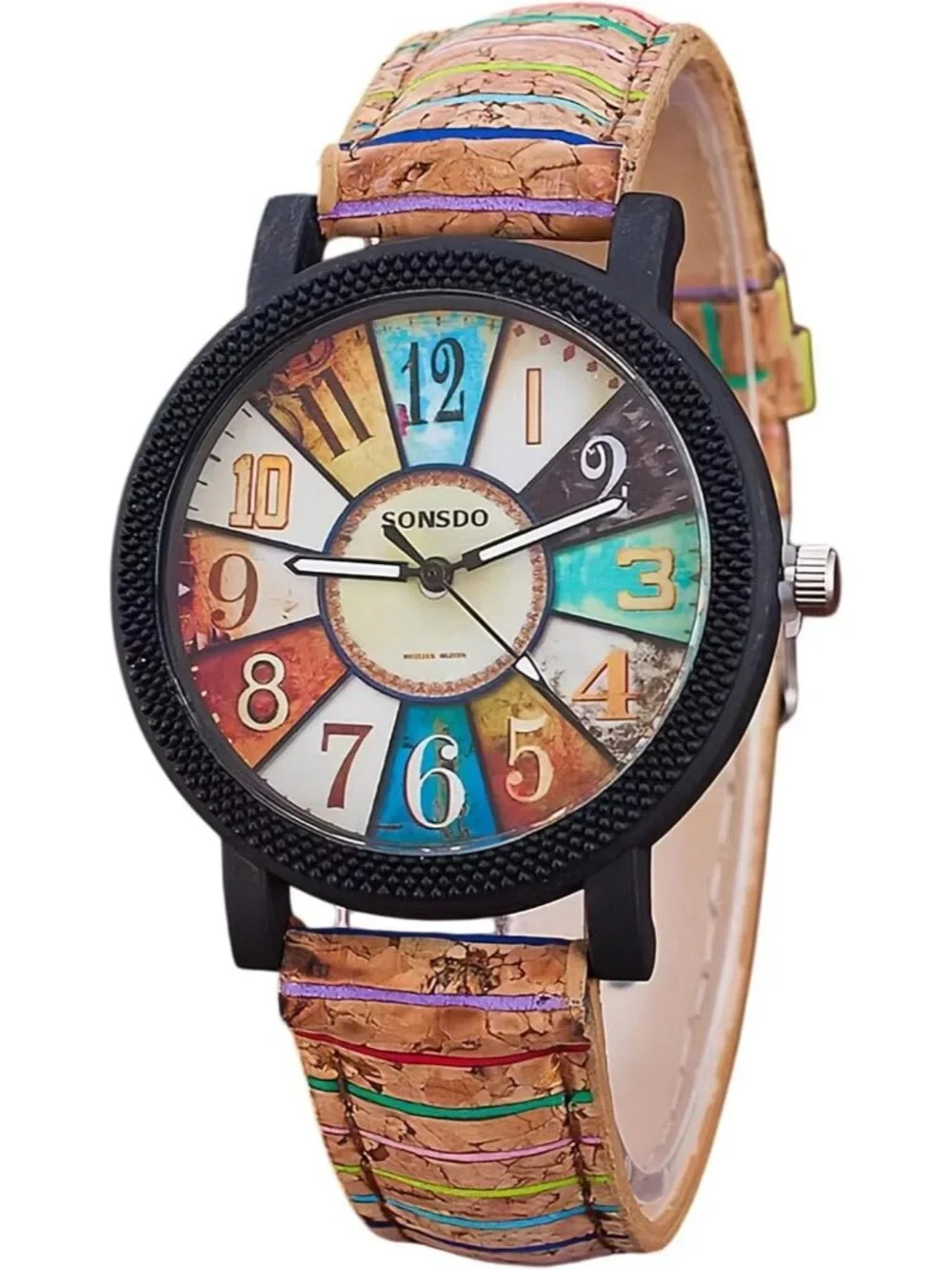 Women's Black Creative Multicolor Woven Strap Fashion Rainbow Pattern Watches